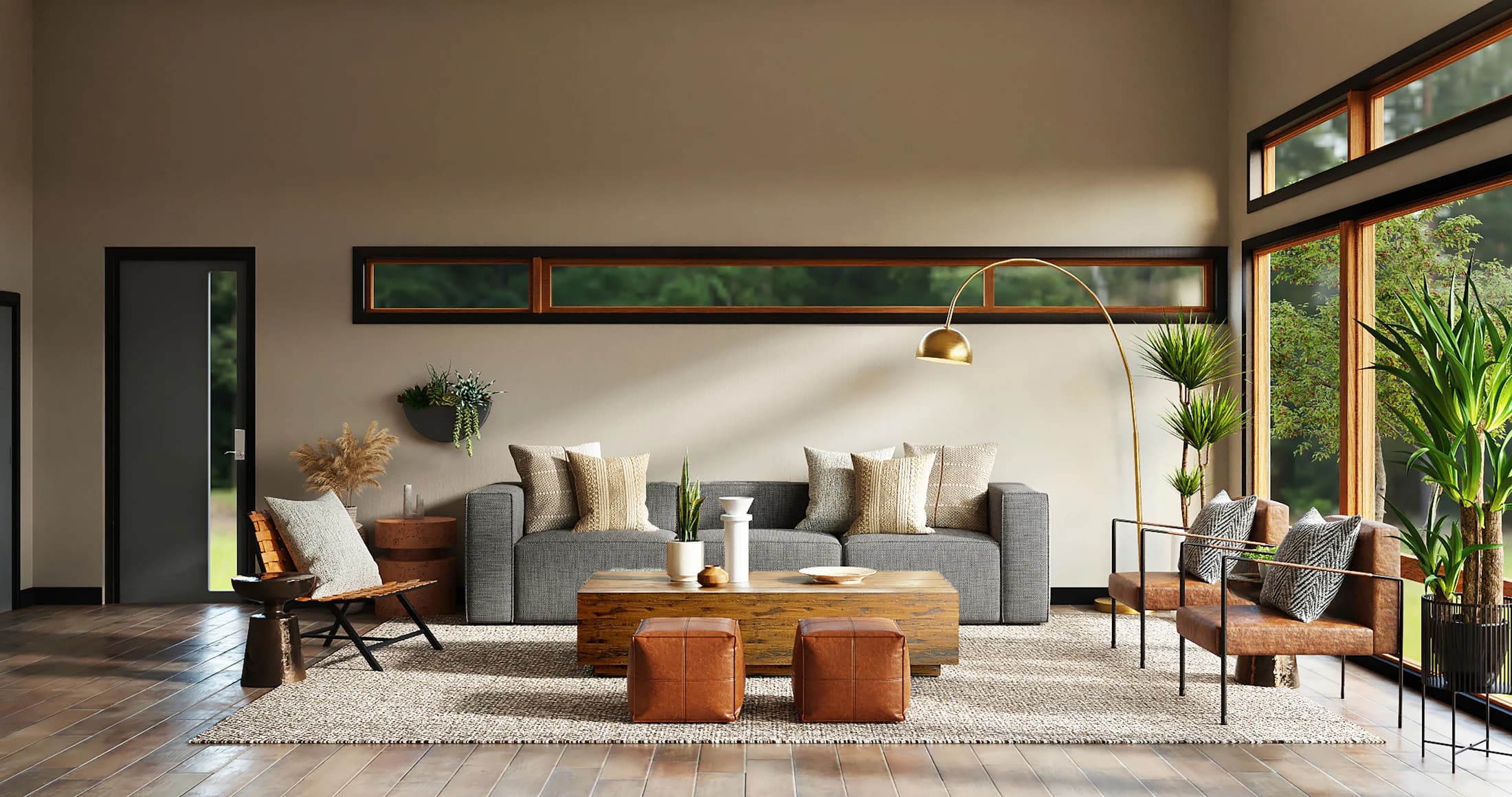 Warm contemporary living room with timber furniture